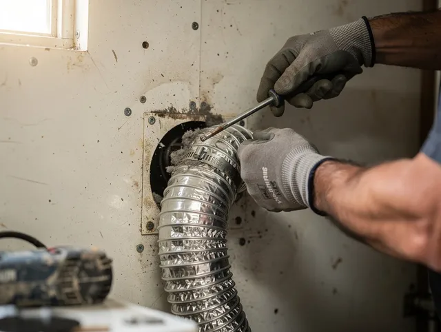 Brunswick Dryer Vent Cleaning technician performing precise dryer vent hose installation in Brunswick